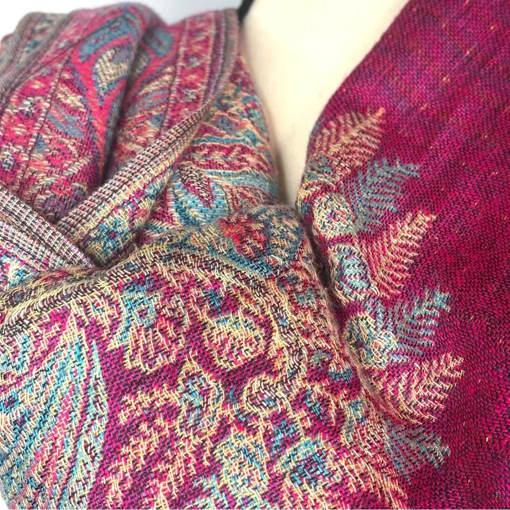Pashmina Paisley Fuchsia Pink Teal Blue Jewel Tone Boho Silk Blend Scarf Wrap OS